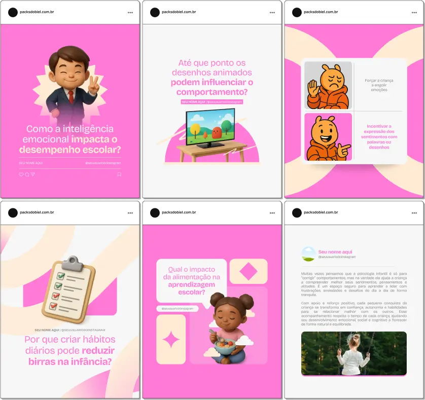Pack Canva Psicologia Infantil, Desenvolvimento Infantil e Orientação a Pais – Kit completo de posts editáveis no Canva, ideal para psicólogos infantis, pedagogos e consultores em desenvolvimento infantil. Inclui conteúdos educativos sobre identificação de dificuldades comportamentais, estratégias de aprendizado, apoio emocional, dicas práticas para pais e promoção de serviços psicológicos. Ideal para criar um perfil de Instagram informativo, engajar famílias e divulgar serviços de forma estratégica.