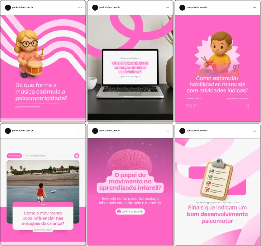 Pack Canva Psicomotricidade, Desenvolvimento Infantil e Educação Especial – Kit completo de posts editáveis no Canva, ideal para psicomotricistas, pedagogos e terapeutas ocupacionais. Inclui materiais personalizados com conteúdos educativos sobre coordenação motora, desenvolvimento cognitivo, estimulação sensorial, atividades lúdicas e acompanhamento infantil. Perfeito para criar um perfil de Instagram atrativo, engajar pais e educadores, e fortalecer a presença digital de forma profissional e estratégica.