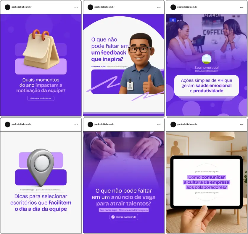 Pack Canva Recursos Humanos, Treinamento e Desenvolvimento e Consultoria de RH – Kit completo de posts editáveis no Canva, ideal para profissionais de treinamento, desenvolvimento de equipes e consultores de RH. Inclui conteúdos educativos sobre capacitação de colaboradores, técnicas de motivação, retenção de talentos, cultura organizacional e práticas de gestão de pessoas. Ideal para criar um perfil de Instagram informativo, engajar empresas e colaboradores, e divulgar serviços de forma estratégica.