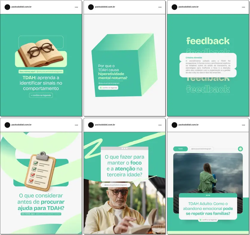 Pack Canva TDAH Adulto, Neurodesenvolvimento e Estratégias de Vida – Kit de posts editáveis no Canva com artes e conteúdos prontos para psicólogos, coaches e profissionais de saúde mental. Inclui materiais sobre diagnóstico, técnicas de atenção e memória, gerenciamento de tempo, produtividade e motivação pessoal. Ajuda a criar um perfil de Instagram atrativo, aumentar engajamento e promover serviços especializados de forma estratégica e profissional.