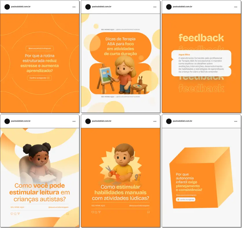 Pack Canva Terapia ABA, Psicologia Infantil e Educação Inclusiva – Kit de posts editáveis no Canva para profissionais de saúde, terapeutas comportamentais e psicólogos especializados em TEA. Inclui conteúdos sobre práticas ABA, desenvolvimento socioemocional, inclusão escolar e apoio familiar. Perfeito para criar um perfil de Instagram profissional, gerar credibilidade e atrair novos pacientes ou clientes interessados em terapia comportamental.