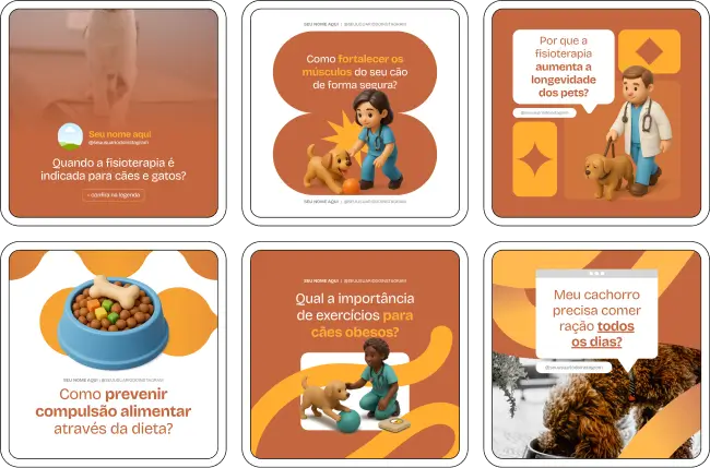Pack Canva de veterinário com artes para redes sociais sobre cuidados com animais domésticos