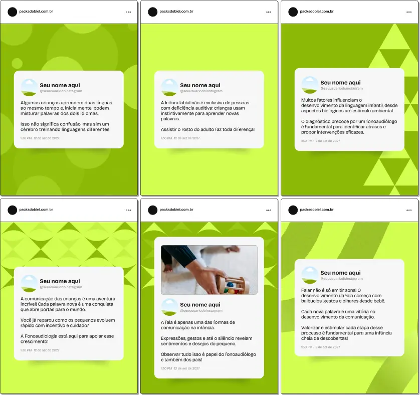 Pack Canva Fonoaudiologia Infantil, Terapia da Fala e Linguagem Infantil – Kit de posts editáveis no Canva com artes e conteúdos prontos para fonoaudiólogos, psicopedagogos e terapeutas infantis. Inclui materiais sobre comunicação, pronúncia, articulação de sons e acompanhamento terapêutico. Ajuda a criar um perfil de Instagram atrativo, aumentar o alcance e promover serviços de forma estratégica e profissional.