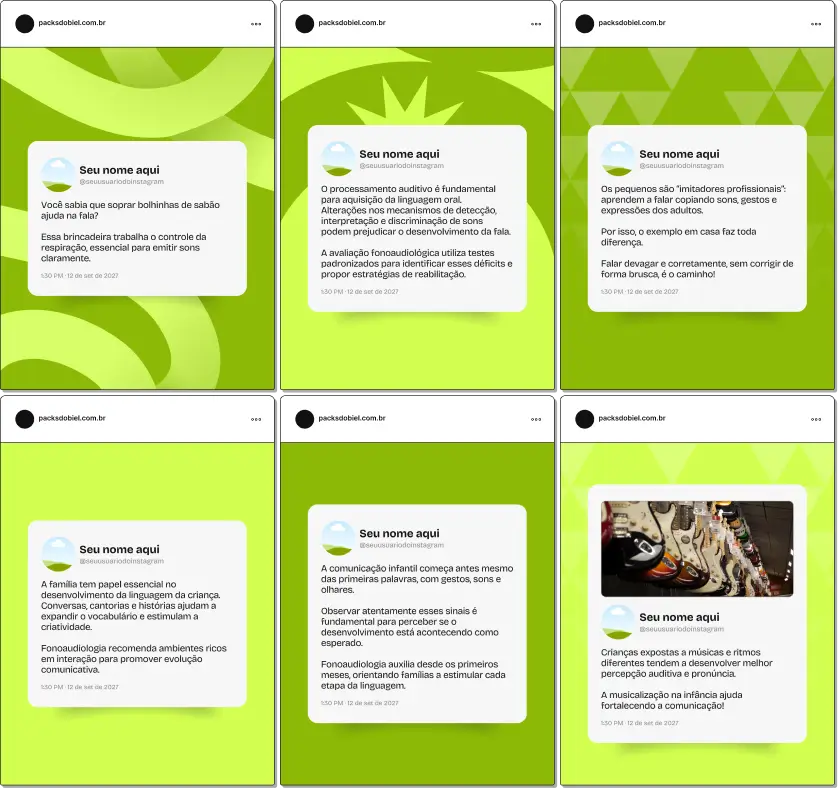 Pack Canva Fonoaudiologia Infantil, Estímulo da Fala e Comunicação Infantil – Kit de posts editáveis no Canva, ideal para fonoaudiólogos e terapeutas da fala. Contém conteúdos sobre desenvolvimento da linguagem, atividades para estimular a fala, hábitos orais, amamentação e alimentação infantil. Ideal para criar um perfil de Instagram educativo, que oriente pais e aumente o engajamento nas redes sociais.