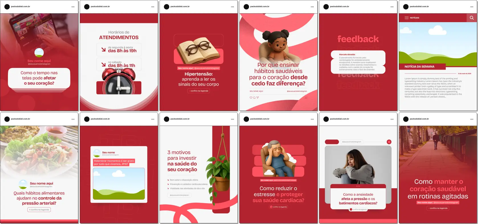 Pack Canva Cardiologia, Check-up e Bem-Estar Cardíaco – Kit completo de posts editáveis no Canva, ideal para cardiologistas, médicos clínicos e profissionais de saúde preventiva. Inclui materiais com conteúdos sobre importância do check-up, controle de colesterol e pressão arterial, atividade física, prevenção de infartos e dicas para uma vida mais saudável. Ideal para criar um perfil de Instagram envolvente, educar o público e aumentar a visibilidade do seu trabalho.