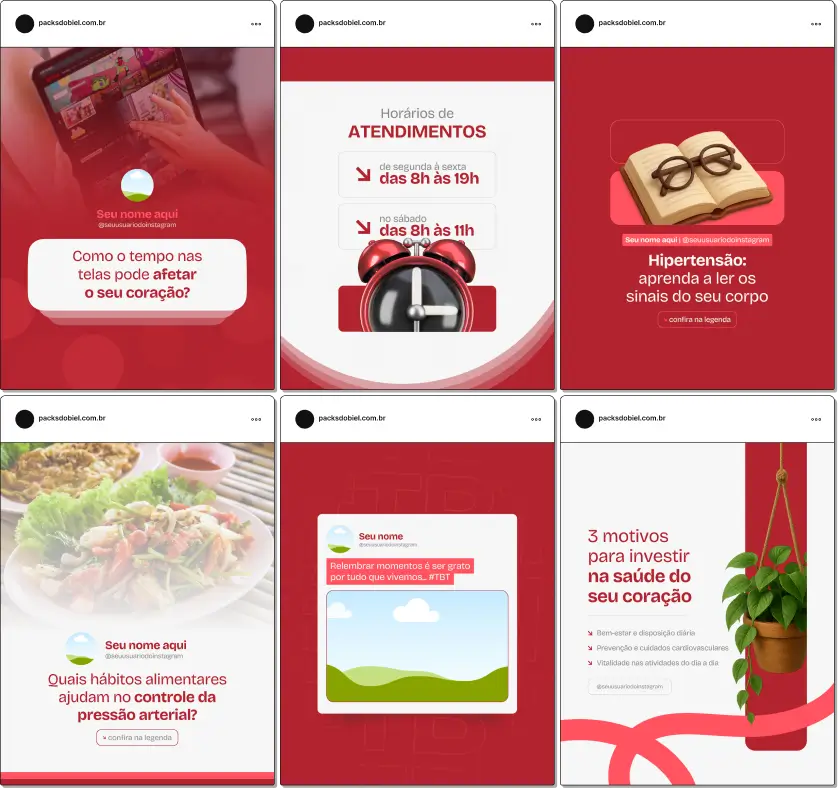 Pack Canva Cardiologista, Medicina Preventiva e Consultoria em Saúde Cardíaca – Kit de posts editáveis no Canva, perfeito para cardiologistas, clínicas médicas e consultores em saúde cardiovascular. Contém materiais personalizados com conteúdos sobre exames cardíacos, prevenção de doenças, reabilitação, cuidados pós-cirúrgicos e orientações para pacientes. Ajuda a criar um perfil de Instagram atrativo, aumentar engajamento e promover seus serviços de cardiologia de forma profissional e estratégica.