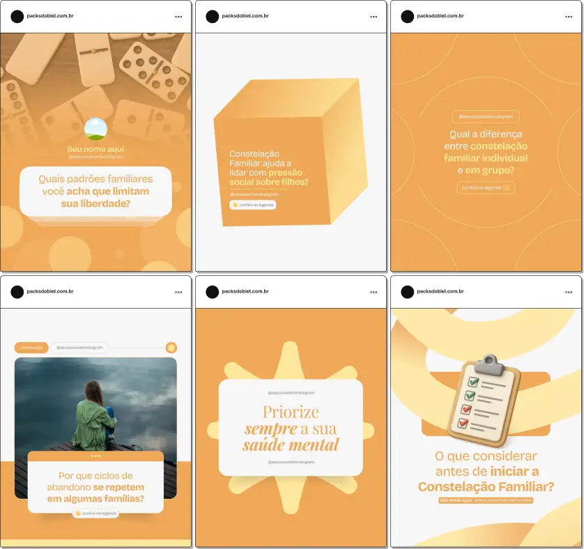 Pack Canva Constelação Familiar, Desenvolvimento Pessoal e Relações Sistêmicas – Kit completo de posts editáveis no Canva, voltado para terapeutas, coaches e profissionais da área emocional. Inclui conteúdos sobre autoconhecimento, dinâmica familiar, técnicas de constelação e orientações para equilíbrio interior. Perfeito para fortalecer a presença digital, educar o público e atrair novos clientes para sessões de constelação familiar.