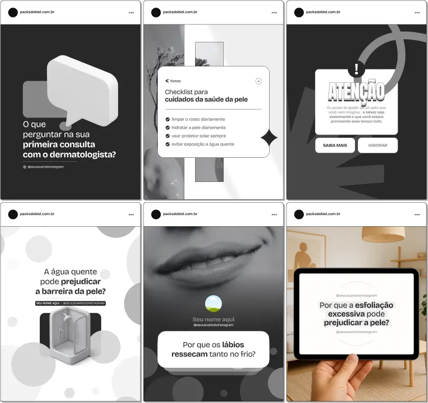 Pack Canva Dermatologista, Clínica de Dermatologia e Estética Facial – Kit completo de posts editáveis no Canva, ideal para dermatologistas, clínicas de dermatologia e profissionais de estética facial. Inclui materiais personalizados com conteúdos educativos sobre cuidados com a pele, prevenção de acne, tratamentos dermatológicos, dicas de beleza e promoções de serviços. Perfeito para criar um perfil de Instagram atrativo, engajar pacientes, fortalecer a presença digital e promover serviços de forma estratégica e profissional.