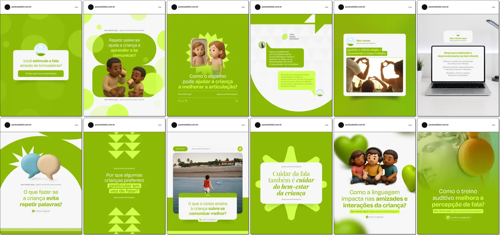 Conjunto de materiais de social media no Canva voltado para Fonoaudiólogos Infantis e Terapeutas da Fala, com posts educativos sobre desenvolvimento da linguagem e dicas de comunicação. Ideal para criar um perfil de Instagram que transmite autoridade, empatia e valor ao público.