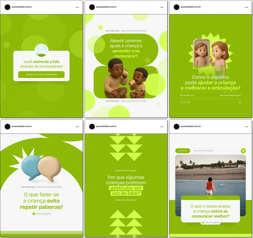 Imagem de um Pack Canva para Fonoaudiólogos Infantis, com posts e artes editáveis para Instagram. Ideal para profissionais que atuam com desenvolvimento da fala, linguagem e comunicação infantil. Inclui conteúdos educativos voltados para pais e cuidadores, ajudando a fortalecer a presença digital de forma clara e acolhedora.