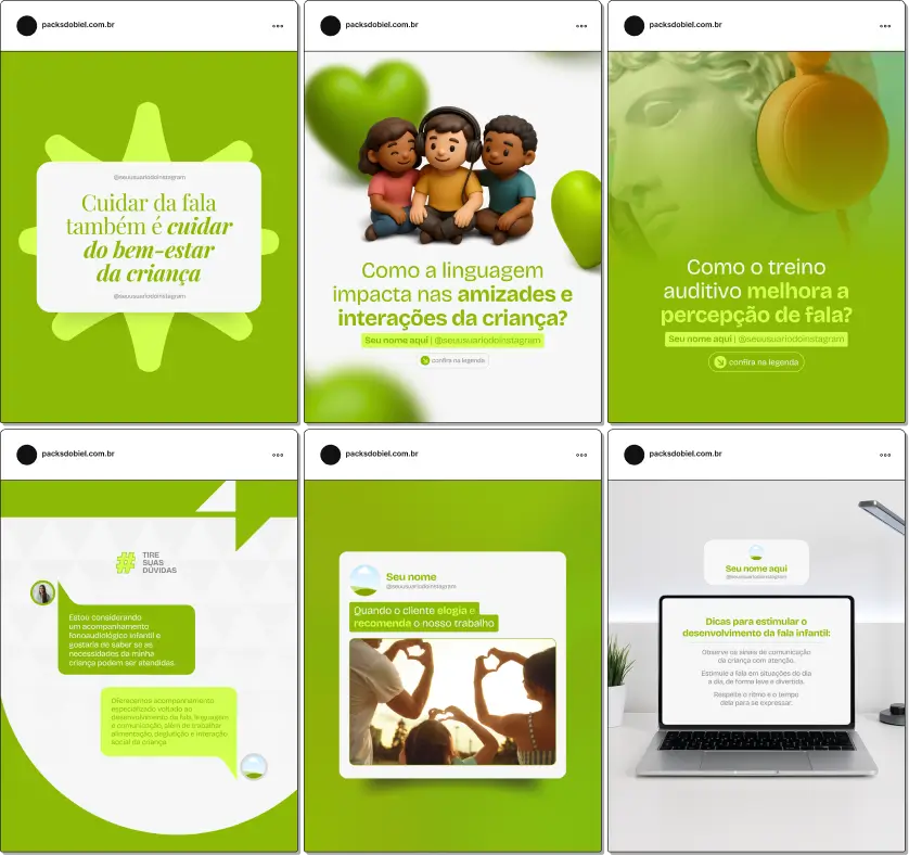 Kit de posts editáveis no Canva para Fonoaudiologia Infantil, com modelos prontos para Instagram e redes sociais. Reúne conteúdos sobre estímulo da fala, linguagem e motricidade oral, ajudando fonoaudiólogos a engajar famílias e divulgar seus serviços de forma profissional e atrativa.