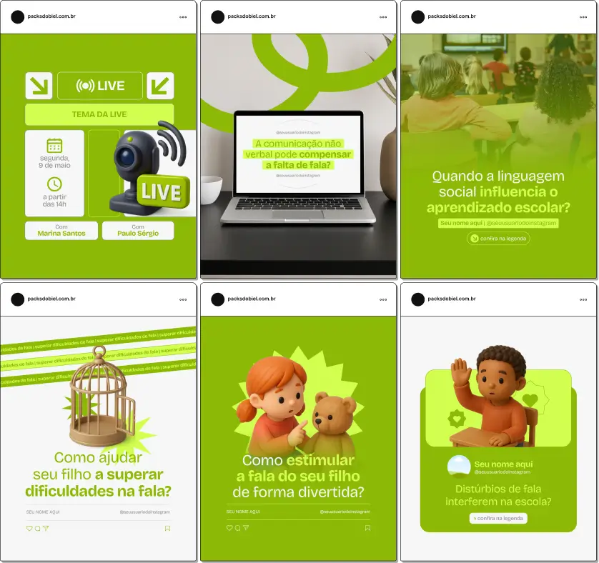 Pack Canva Fonoaudiologia Infantil, Terapia da Fala e Desenvolvimento Cognitivo – Kit de posts editáveis no Canva, ideal para fonoaudiólogos, clínicas de reabilitação infantil e terapeutas da fala. Inclui conteúdos educativos sobre desenvolvimento da linguagem, articulação, compreensão verbal, estímulo da fala e orientações para pais. Perfeito para criar um perfil de Instagram atrativo, engajar famílias e fortalecer a presença digital profissional.