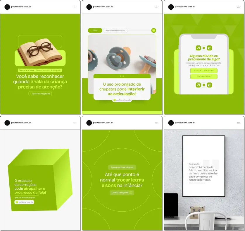 Pack Canva Fonoaudiologia Infantil, Comunicação e Estimulação Infantil – Kit completo de posts editáveis no Canva, voltado para fonoaudiólogos, psicopedagogos e terapeutas da fala. Contém conteúdos sobre desenvolvimento da linguagem, atividades práticas para estimular a fala, prevenção de atrasos de fala e dicas de interação familiar. Ideal para criar um perfil de Instagram educativo e aumentar engajamento com pais e cuidadores.