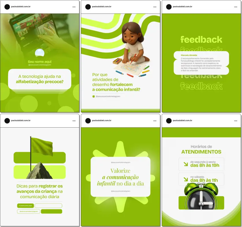 Pack Canva Fonoaudiologia Infantil, Terapia de Linguagem e Consultoria Infantil – Kit de posts editáveis no Canva, perfeito para fonoaudiólogos infantis, clínicas de terapia da fala e consultores em desenvolvimento infantil. Contém materiais personalizados com conteúdos educativos sobre distúrbios da fala, estratégias de intervenção, exercícios para crianças, dicas para pais e formas de engajar famílias online. Ajuda a criar um perfil de Instagram atrativo, aumentar engajamento e promover serviços de fonoaudiologia infantil de forma profissional e estratégica.