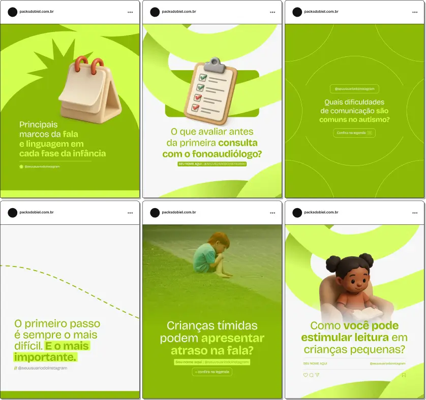 Pack Canva Fonoaudiologia Infantil, Estimulação da Fala e Educação Familiar – Kit completo de posts editáveis no Canva, ideal para fonoaudiólogos, terapeutas da fala e consultores em desenvolvimento infantil. Inclui materiais com conteúdos sobre linguagem, comunicação infantil, técnicas de intervenção precoce, dicas de atividades para crianças e orientação educativa para pais. Ideal para criar um perfil de Instagram envolvente, educar famílias e fortalecer a presença digital do serviço.