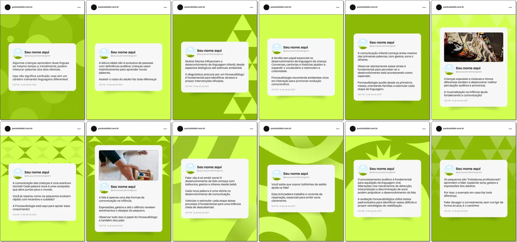 Pack Canva Fonoaudiologia Infantil, Estímulo da Fala e Comunicação Infantil – Kit de posts editáveis no Canva, ideal para fonoaudiólogos e terapeutas da fala. Contém conteúdos sobre desenvolvimento da linguagem, atividades para estimular a fala, hábitos orais, amamentação e alimentação infantil. Ideal para criar um perfil de Instagram educativo, que oriente pais e aumente o engajamento nas redes sociais.