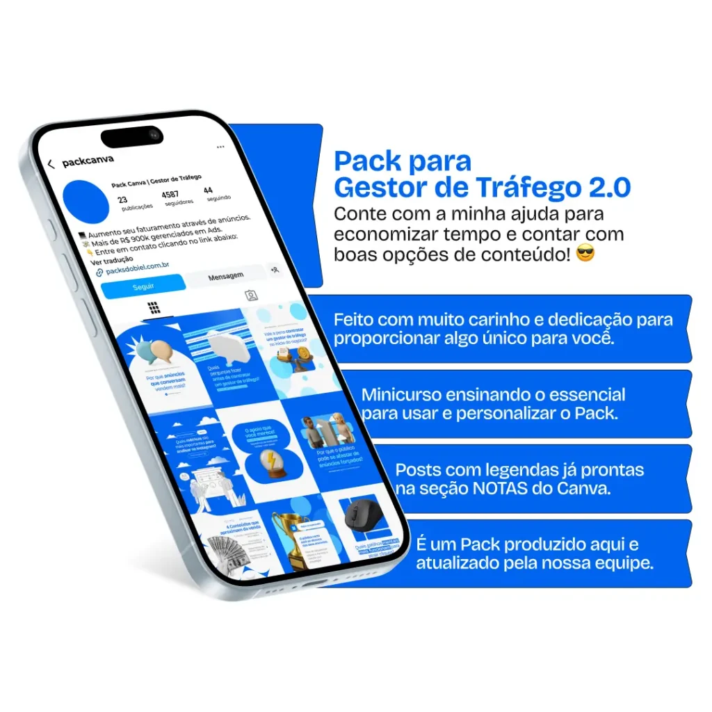 Pack Canva Gestor de Tráfego, Otimização de Campanhas e Performance Digital – Kit de posts editáveis no Canva, perfeito para profissionais de tráfego pago, gestores de campanhas digitais e consultores de marketing online. Inclui conteúdos educativos sobre segmentação de público, análise de resultados, testes A/B, estratégias de crescimento e aumento de conversões. Ajuda a criar um perfil de Instagram atrativo, aumentar engajamento e promover serviços de forma estratégica e profissional.