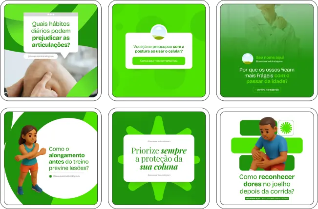 Pack Canva Ortopedista, Traumatologia e Reabilitação Funcional – Kit completo de posts editáveis no Canva, ideal para ortopedistas, traumatologistas e profissionais de reabilitação funcional. Inclui artes e conteúdos educativos sobre cuidados com ossos e articulações, prevenção de fraturas, fisioterapia preventiva, dicas de mobilidade e tratamentos ortopédicos. Ideal para criar um perfil de Instagram informativo, engajar pacientes e promover serviços de forma estratégica e confiável.