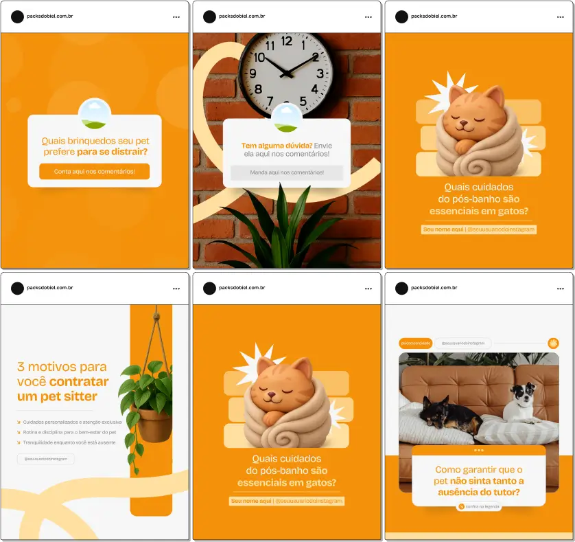 Pack Canva Pet Sitter, Dog Walker e Consultoria de Pets – Kit de posts editáveis no Canva, perfeito para pet sitters, dog walkers e consultores de cuidados com animais. Contém materiais personalizados com conteúdos educativos sobre cuidados com pets, dicas de passeios, alimentação saudável, prevenção de problemas de saúde e estratégias para fidelizar clientes. Ajuda a criar um perfil de Instagram atrativo, aumentar engajamento e promover serviços de forma profissional e estratégica.