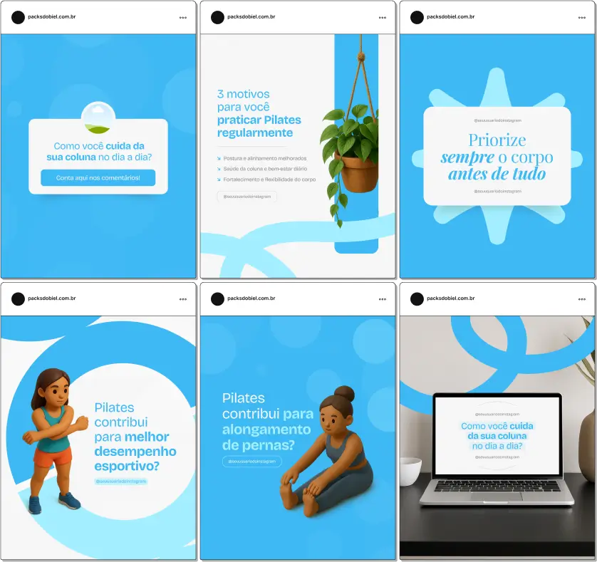 Pack Canva Pilates, Bem-Estar e Exercícios Corporais – Kit completo de posts editáveis no Canva, ideal para profissionais de Pilates, coaches de saúde e estúdios de exercícios corporais. Inclui materiais com conteúdos sobre postura correta, alongamentos diários, exercícios para prevenção de lesões, benefícios do Pilates e dicas de estilo de vida saudável. Ideal para criar um perfil de Instagram envolvente, engajar seguidores e fortalecer a presença digital.