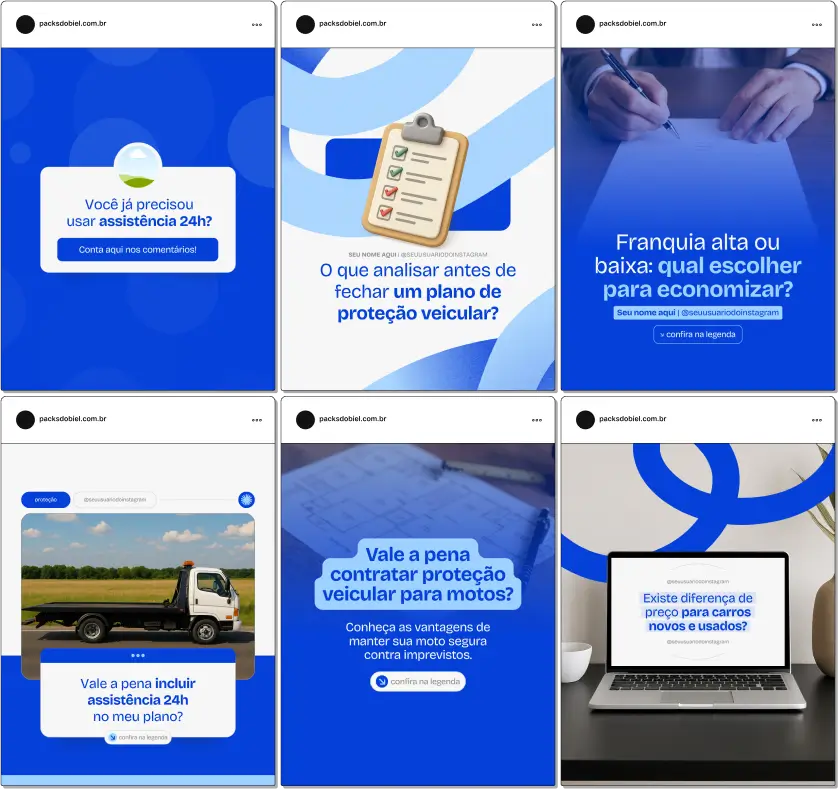Pack Canva Proteção Veicular, Serviços de Seguro Auto e Assistência Veicular – Kit de posts editáveis no Canva, perfeito para empresas de proteção veicular, corretores de seguro auto e prestadores de serviços de assistência. Contém materiais personalizados com conteúdos educativos sobre proteção veicular, cobertura de riscos, prevenção de acidentes, promoções de serviços e estratégias de fidelização de clientes. Ajuda a criar um perfil de Instagram atrativo, aumentar engajamento e promover serviços de forma profissional e estratégica.