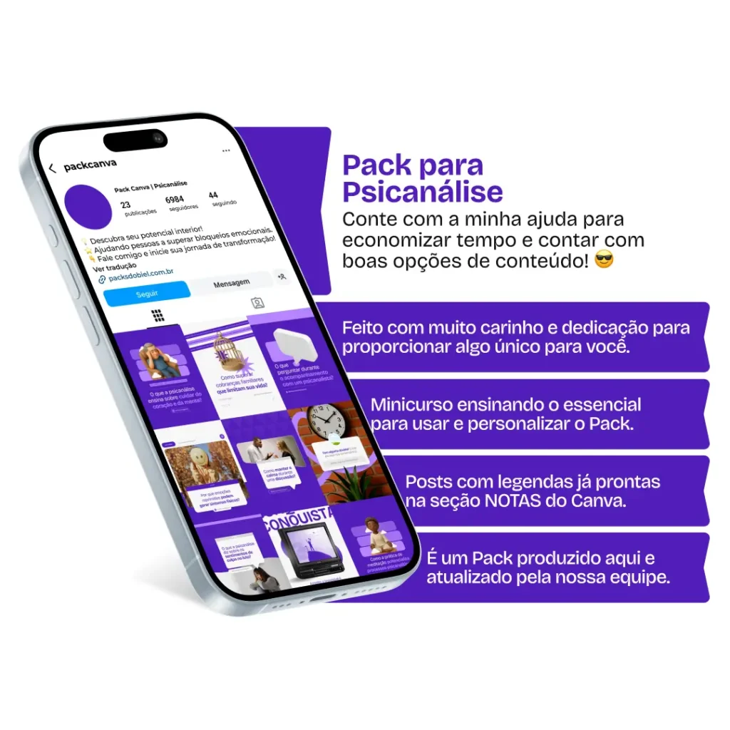 Pack Canva Psicanálise, Saúde Mental e Autoconhecimento – Kit completo de posts editáveis no Canva, ideal para psicanalistas, terapeutas e coaches de desenvolvimento pessoal. Contém materiais com conteúdos sobre interpretação de sonhos, análise comportamental, autoconsciência, equilíbrio emocional e estratégias de bem-estar. Ideal para engajar seguidores, educar o público e fortalecer a presença digital.