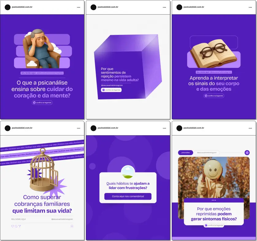 Pack Canva Psicanálise, Consultoria Psicológica e Terapia Online – Kit de posts editáveis no Canva, perfeito para psicanalistas, consultores de saúde mental e profissionais de terapia online. Inclui materiais personalizados com conteúdos educativos sobre técnicas psicanalíticas, aconselhamento emocional, promoção de serviços de terapia e dicas de saúde mental. Ajuda a criar um perfil de Instagram atrativo, aumentar engajamento e divulgar serviços de forma estratégica e profissional.