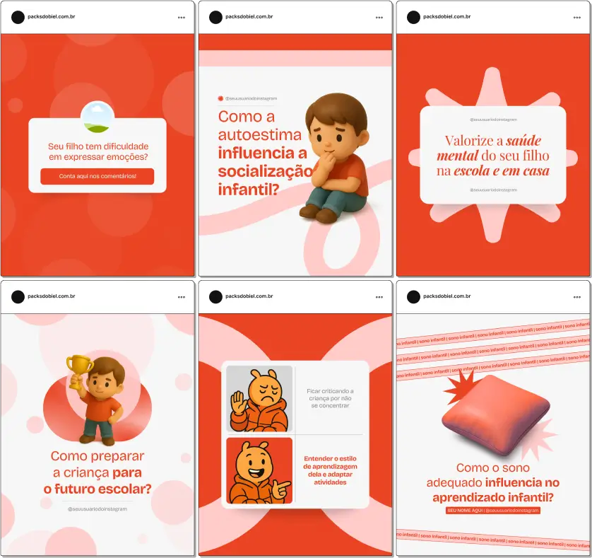 Pack Canva Psicologia Educacional, Orientação Profissional e Desenvolvimento Infantil – Kit de posts editáveis no Canva, perfeito para psicólogos educacionais, consultores pedagógicos e especialistas em desenvolvimento infantil. Contém materiais personalizados com conteúdos sobre habilidades cognitivas, técnicas de motivação, apoio psicológico, planejamento escolar e promoção de serviços. Ajuda a criar um perfil de Instagram atrativo, aumentar engajamento e promover serviços de psicologia educacional de forma profissional e estratégica.