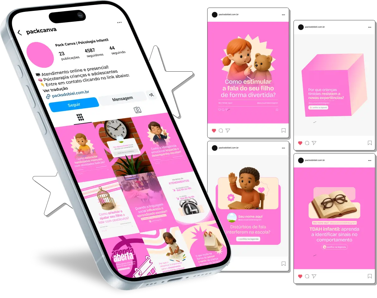 Pack Canva Psicologia Infantil, Terapia e Bem-Estar Infantil – Kit de posts editáveis no Canva, ideal para psicólogos e psicopedagogos. Contém conteúdos sobre comunicação positiva, técnicas de relaxamento, prevenção de comportamentos desafiadores e estratégias educativas.