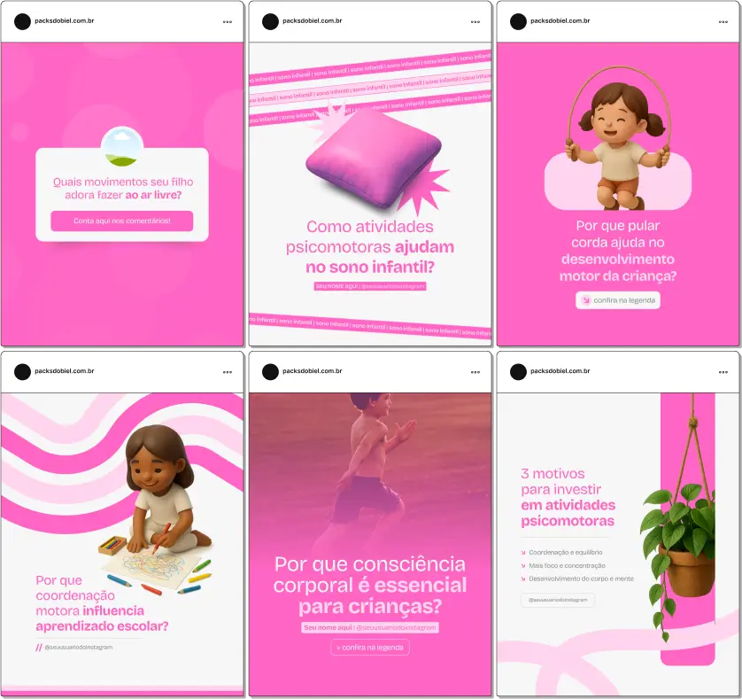 Pack Canva Psicomotricidade, Terapia Ocupacional e Reabilitação Infantil – Kit de posts editáveis com artes e conteúdos prontos para redes sociais, ideal para profissionais de psicomotricidade, terapeutas ocupacionais e reabilitação infantil. Inclui dicas práticas, atividades motoras, exercícios de coordenação, prevenção de atrasos no desenvolvimento e orientação para pais. Excelente para engajar o público-alvo e destacar serviços especializados no Instagram.