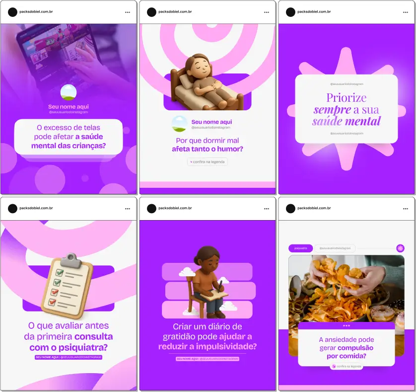 Pack Canva Psiquiatria, Psicologia e Terapias Comportamentais – Kit completo de posts editáveis no Canva, ideal para psiquiatras, psicólogos e profissionais de saúde mental. Inclui materiais com conteúdos sobre prevenção de transtornos, estratégias de autocuidado, dicas de bem-estar emocional, manejo de estresse e promoção da saúde mental. Ideal para criar um perfil de Instagram envolvente, educar o público e fortalecer a presença digital do seu serviço.