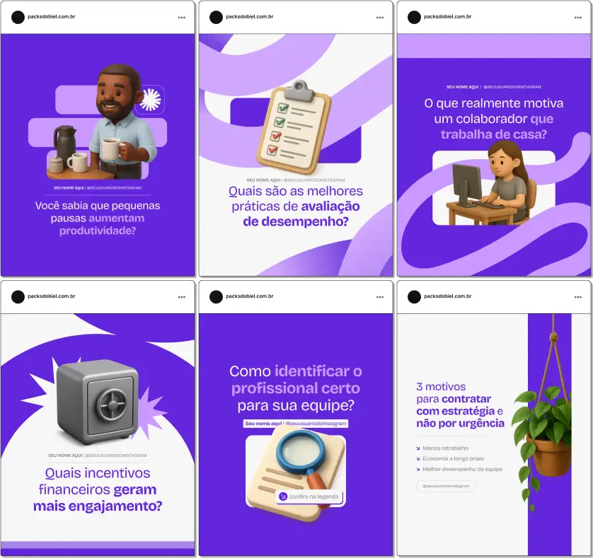 Pack Canva Recursos Humanos, Gestão de Talentos e Consultoria Empresarial – Kit de posts editáveis no Canva, perfeito para gestores de RH, consultores de empresas e especialistas em desenvolvimento humano. Contém materiais personalizados com conteúdos sobre recrutamento, seleção, treinamentos, avaliação de desempenho, engajamento de equipes e promoção de serviços de RH. Ajuda a criar um perfil de Instagram atrativo, aumentar engajamento e promover serviços de Recursos Humanos de forma profissional e estratégica.