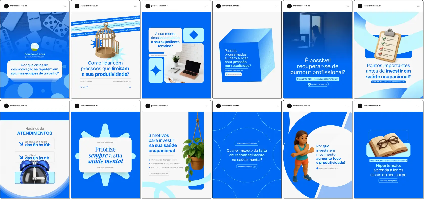 Pack Canva Saúde Ocupacional, Segurança do Trabalho e Ergonomia – Kit completo de posts editáveis no Canva, ideal para profissionais de saúde ocupacional, técnicos de segurança do trabalho e empresas. Inclui materiais com conteúdos educativos sobre prevenção de acidentes, ergonomia, saúde no ambiente corporativo, programas de bem-estar e cuidados com colaboradores. Perfeito para criar um perfil de Instagram atrativo, engajar funcionários e fortalecer a presença digital de forma profissional.