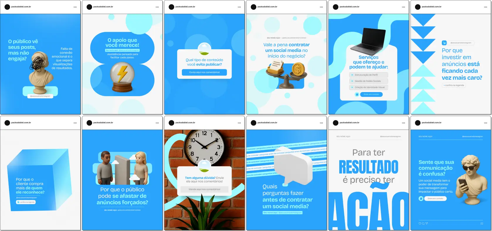 Kit de posts editáveis no Canva para Social Media, voltado para empreendedores, freelancers e marcas pessoais. Inclui modelos prontos para posts de conteúdo, dicas, promoções e engajamento, ajudando a construir uma presença digital forte e consistente.