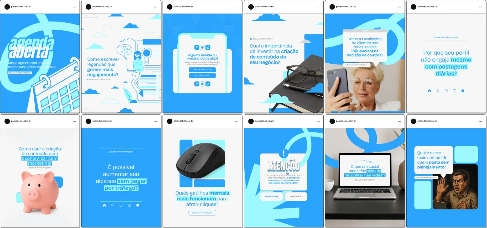 Pack Canva Social Media – Kit com artes editáveis e conteúdos prontos para quem trabalha com gestão de redes sociais. Ideal para social medias, freelancers e criadores de conteúdo que precisam entregar posts com identidade visual, consistência e valor para Instagram, Facebook, Pinterest e LinkedIn.
