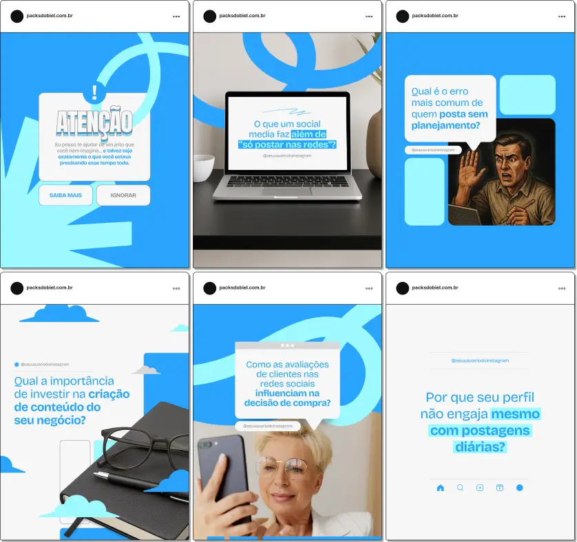 Tenha em mãos um conjunto completo de posts prontos para social media. Com temas sobre branding, estratégia, calendário editorial, algoritmo, engajamento e posicionamento, este pack é essencial para quem quer se destacar no marketing digital com conteúdo de qualidade e visual atrativo.