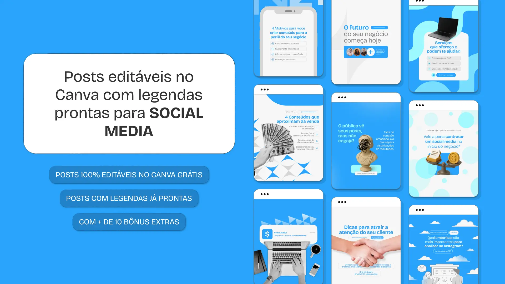 Imagem de um Pack Canva para Social Media, com posts e artes editáveis prontas para Instagram e redes sociais. Ideal para gestores de conteúdo e criadores digitais que desejam manter um feed profissional, criativo e visualmente atrativo, economizando tempo na produção de postagens.