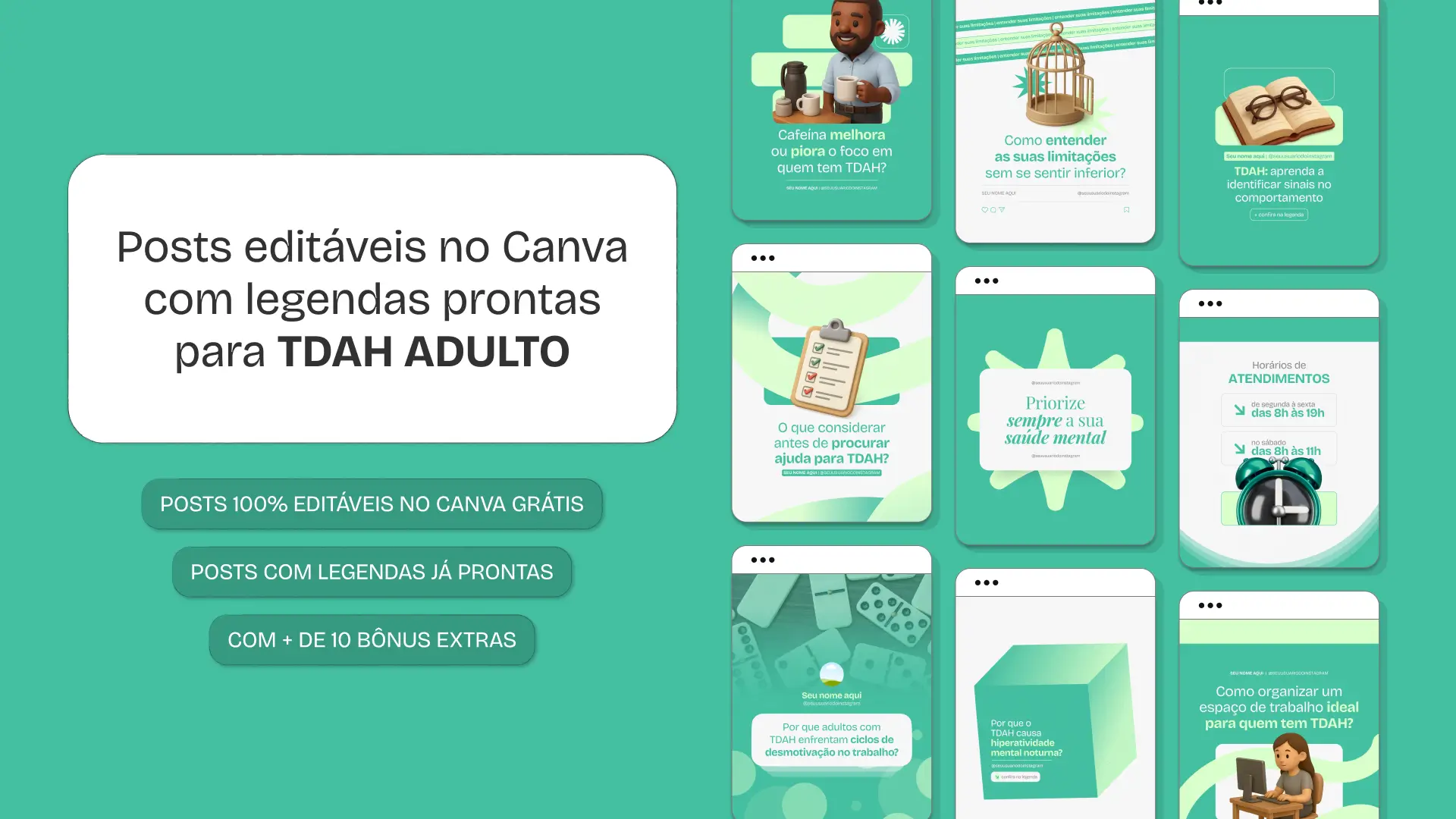 Pack Canva TDAH Adulto, Psicologia e Neuropsicologia – Kit completo de posts editáveis no Canva, ideal para psicólogos, neuropsicólogos, coaches e clínicas especializadas. Inclui materiais com conteúdos educativos sobre diagnóstico de TDAH em adultos, manejo de atenção, organização, produtividade, impulsividade e estratégias de autocontrole. Perfeito para criar um perfil de Instagram atrativo, engajar pacientes e fortalecer a presença digital profissional.