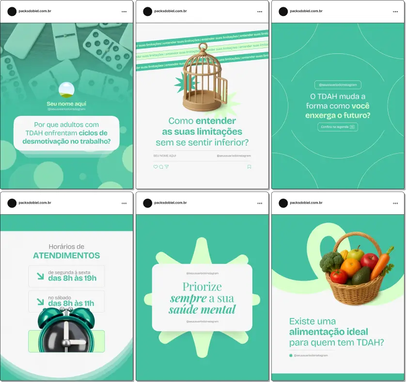 Pack Canva TDAH Adulto, Neurodesenvolvimento e Estratégias de Vida – Kit de posts editáveis no Canva com artes e conteúdos prontos para psicólogos, coaches e profissionais de saúde mental. Inclui materiais sobre diagnóstico, técnicas de atenção e memória, gerenciamento de tempo, produtividade e motivação pessoal. Ajuda a criar um perfil de Instagram atrativo, aumentar engajamento e promover serviços especializados de forma estratégica e profissional.