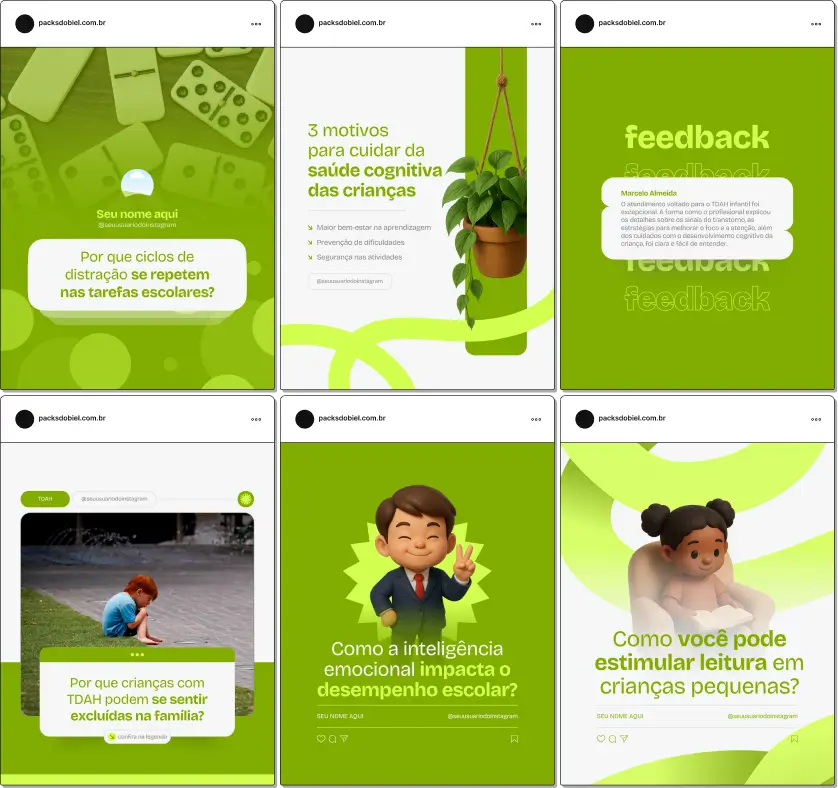 Pack Canva TDAH Infantil, Neurodesenvolvimento e Estratégias de Aprendizagem – Kit de posts editáveis no Canva com artes e conteúdos prontos para profissionais de saúde infantil, psicólogos e neuropsicólogos. Inclui materiais sobre diagnóstico, manejo comportamental, desenvolvimento cognitivo, técnicas de atenção e engajamento familiar. Ajuda a criar um perfil de Instagram atrativo, aumentar engajamento e promover serviços especializados de forma estratégica e profissional.