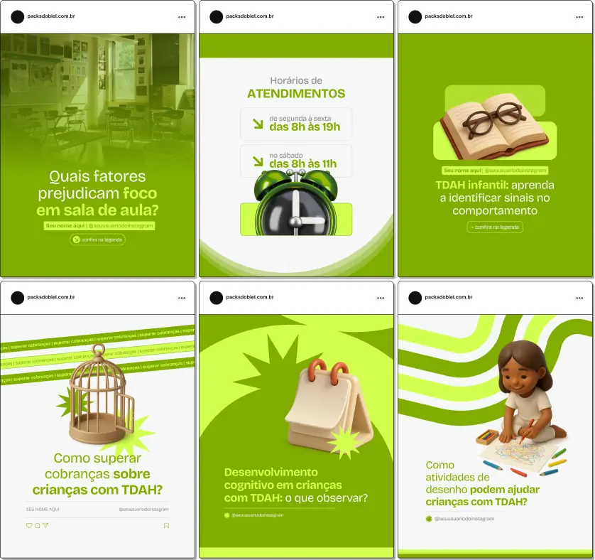 Pack Canva TDAH Infantil, Psicologia Infantil e Desenvolvimento Cognitivo – Kit completo de posts editáveis no Canva, ideal para psicólogos infantis, neuropsicólogos, psicopedagogos e clínicas especializadas. Inclui materiais com conteúdos educativos sobre diagnóstico do TDAH, estratégias de comportamento, organização, estímulo à atenção e apoio escolar. Perfeito para criar um perfil de Instagram atrativo, engajar pais e responsáveis, e fortalecer a presença digital profissional.