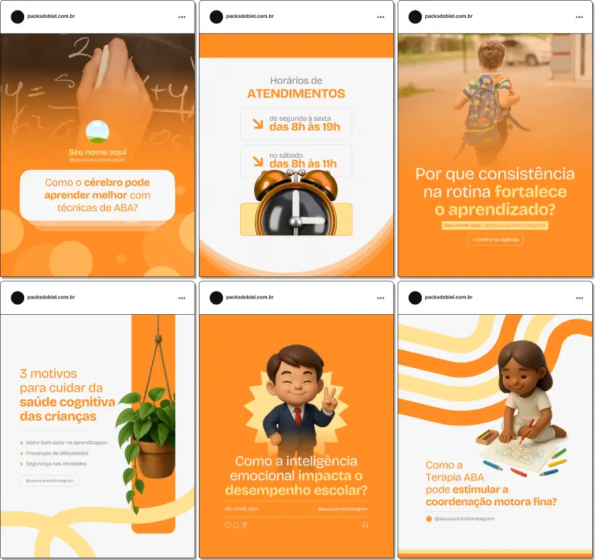 Pack Canva Terapia ABA e Intervenção no Autismo Infantil – Kit de posts editáveis com artes e conteúdos prontos no Canva, voltado para terapeutas, psicopedagogos e profissionais da área infantil. Aborda temas como comportamentos adaptativos, reforço positivo, comunicação e autonomia de crianças com TEA. Ideal para perfis no Instagram que desejam educar, orientar e gerar autoridade na área da terapia comportamental.