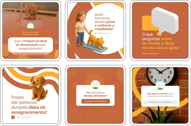 Kit Canva para veterinários com posts sobre bem-estar animal e orientações para tutores