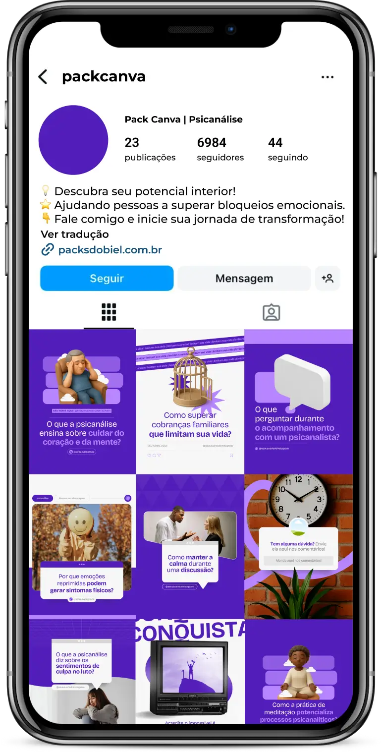 Pack Canva Psicanálise, Saúde Mental e Autoconhecimento – Kit completo de posts editáveis no Canva, ideal para psicanalistas, terapeutas e coaches de desenvolvimento pessoal. Contém materiais com conteúdos sobre interpretação de sonhos, análise comportamental, autoconsciência, equilíbrio emocional e estratégias de bem-estar. Ideal para engajar seguidores, educar o público e fortalecer a presença digital.