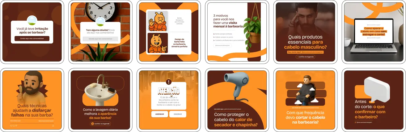 Pack Canva Barbearia, Cabeleireiros e Estética Masculina – Kit completo de posts editáveis no Canva, ideal para barbeiros, cabeleireiros e profissionais de estética masculina. Inclui conteúdos educativos e promocionais sobre cortes de cabelo, cuidados com a barba, tendências de estilo, grooming, dicas de produtos e serviços personalizados. Perfeito para criar um perfil de Instagram atrativo, engajar clientes e fortalecer a presença digital da barbearia de forma profissional.