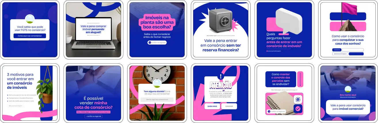 Pack Canva Consórcio de Imóveis, Corretor de Imóveis e Consultoria Imobiliária – Kit completo de posts editáveis no Canva, ideal para corretores de imóveis, empresas de consórcio e consultores imobiliários. Inclui materiais personalizados com conteúdos educativos sobre como funciona o consórcio, vantagens, planejamento financeiro, dicas de aquisição de imóveis e promoções de serviços. Perfeito para criar um perfil de Instagram atrativo, engajar clientes em potencial, fortalecer a presença digital e promover serviços de forma estratégica e profissional.