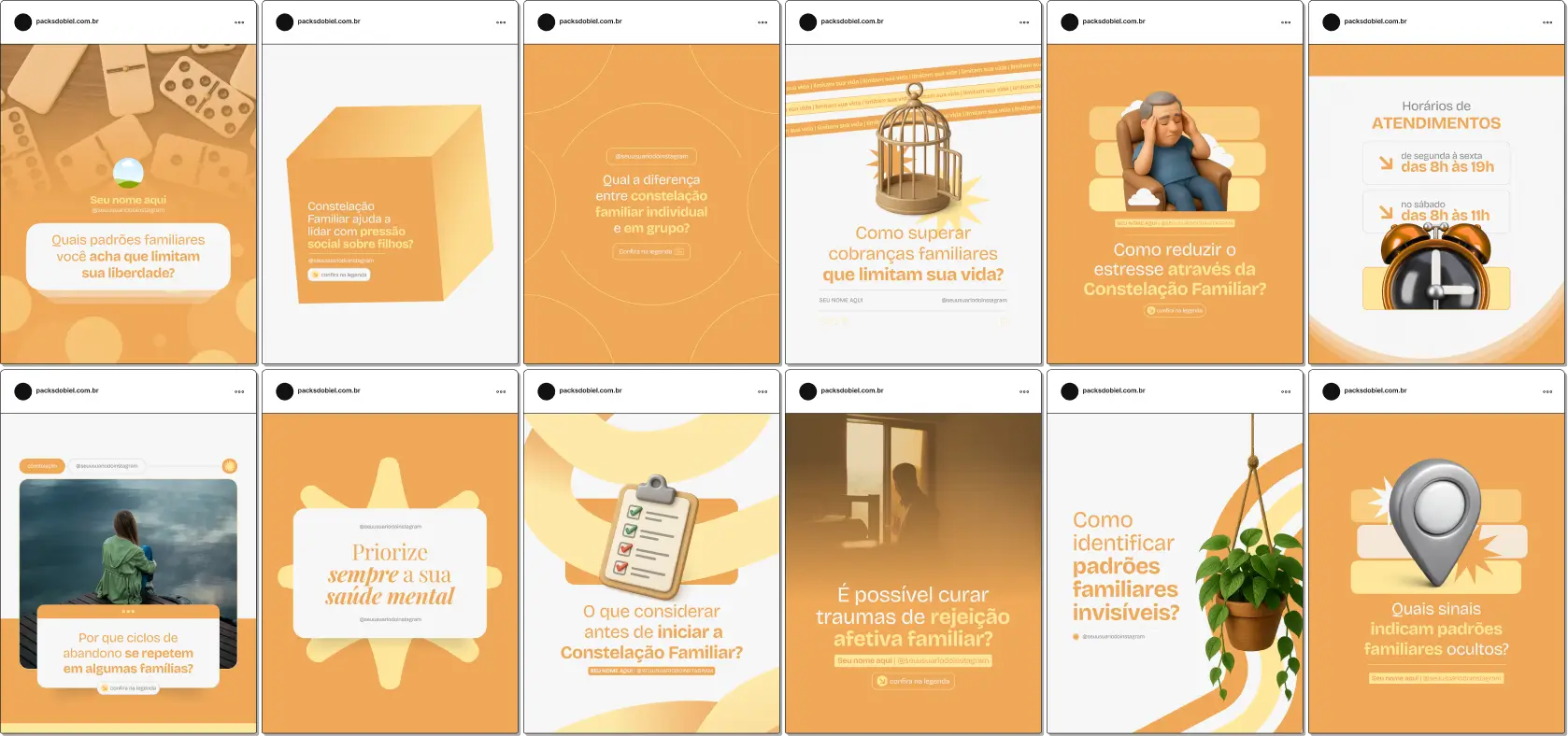 Pack Canva Constelação Familiar, Terapia Sistêmica e Autoconhecimento – Kit de posts editáveis no Canva, ideal para terapeutas, consteladores familiares e profissionais de desenvolvimento humano. Inclui materiais com conteúdos sobre relacionamentos familiares, cura emocional, padrões inconscientes, equilíbrio entre gerações e reconexão interior. Perfeito para criar um perfil de Instagram atrativo, fortalecer a autoridade profissional e promover atendimentos de constelação familiar.