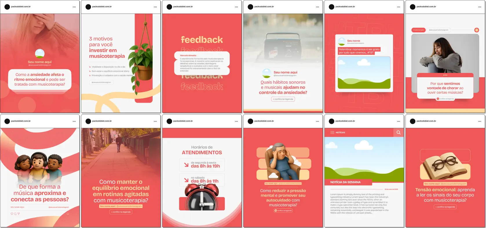 Pack Canva Musicoterapia, Terapia Musical e Desenvolvimento Emocional – Kit completo de posts editáveis no Canva, ideal para musicoterapeutas, clínicas de terapia e profissionais de saúde mental. Inclui materiais personalizados com conteúdos educativos sobre benefícios da musicoterapia, técnicas de relaxamento, desenvolvimento emocional, estimulação cognitiva e apoio terapêutico. Perfeito para criar um perfil de Instagram atrativo, engajar pacientes e familiares, fortalecer a presença digital e promover serviços de musicoterapia de forma estratégica e profissional.