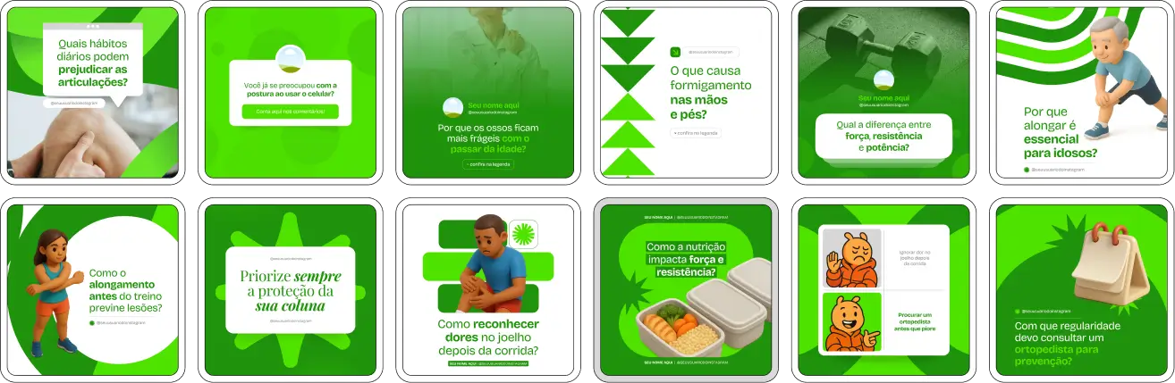 Pack Canva Ortopedista, Fisioterapia Ortopédica e Reabilitação Física – Kit completo de posts editáveis no Canva, ideal para ortopedistas, clínicas ortopédicas e profissionais de fisioterapia. Inclui materiais personalizados com conteúdos educativos sobre prevenção de lesões, tratamentos ortopédicos, exercícios de reabilitação, dicas de postura e saúde musculoesquelética. Perfeito para criar um perfil de Instagram atrativo, engajar pacientes e fortalecer sua presença digital no setor de ortopedia e reabilitação.