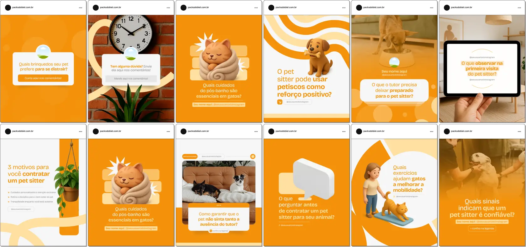 Pack Canva Pet Sitter, Cuidados com Pets e Dog Walker – Kit completo de posts editáveis no Canva, ideal para pet sitters, dog walkers e profissionais de cuidados com animais. Inclui materiais personalizados com conteúdos educativos sobre cuidados diários com pets, alimentação, higiene, passeios, segurança e bem-estar animal. Perfeito para criar um perfil de Instagram atrativo, engajar tutores de pets, fortalecer a presença digital e promover serviços de forma estratégica e profissional.